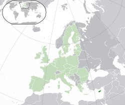 Location of Cyprus (pictured lower right), showing the Republic of Cyprus in darker green and the self-declared republic of Northern Cyprus in brighter green, with the rest of the European Union shown in faded green