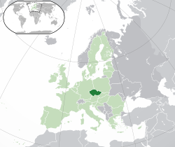 Location of the Czech Republic (dark green) – in Europe (green & dark grey) – in the European Union (green)  –  [Legend]
