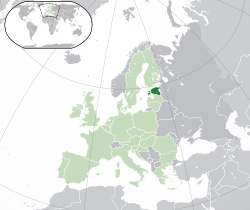 Location of Estonia (dark green) – in Europe (green & grey) – in the European Union (green)  –  [Legend]