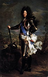 Louis XIV of France standing in plate armor and blue sash facing left holding baton