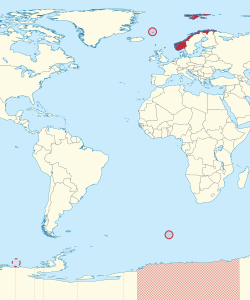 Location of the Kingdom of Norway and its integral overseas areas and dependencies: Svalbard, Jan Mayen, Bouvet Island, Peter I Island, and Queen Maud Land