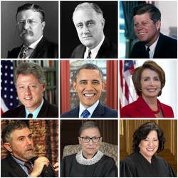 This is a collage of prominent liberals in the United States. From left to right, top to bottom: Theodore Roosevelt, Franklin D. Roosevelt, John F. Kennedy, Bill Clinton, Barack Obama, Nancy Pelosi, Paul Krugman, Ruth Bader Ginsburg and Sonia Sotomayor