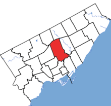 Don Valley West in relation to the other Toronto ridings (2015 boundaries).png