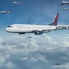 Une trentaine d'avions volent dans le ciel au dessus des nuages.