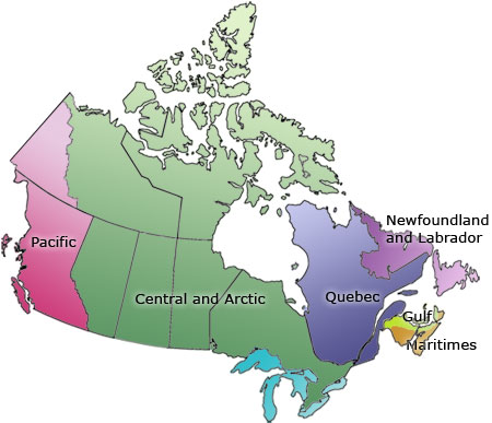 Map of Canada - DFO Six administrative regions