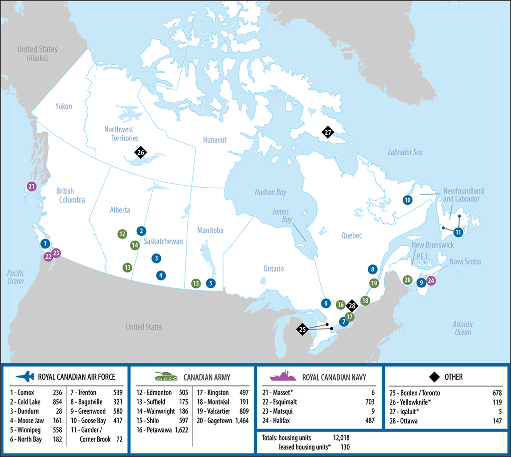 This map shows the location of 28 military housing sites across Canada and the number of units at each site