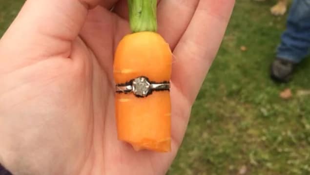 Une bague ornée d'un diamant au milieu d'une carotte