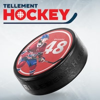Logo Tellement Hockey sur fond blanc accompagné d'une rondelle sur laquelle figure une photo de Jonathan Drouin et le chiffre 48.