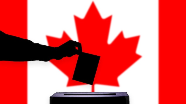 Une main dépose un bulletin de vote dans une boîte de scrutin placée devant un drapeau du Canada.