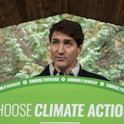 Justin Trudeau derrière un podium en vert pour une conférence de presse.