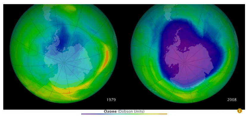 two side by side images to show the difference in the the ozone hole