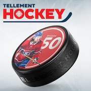 Photo de Jonathan Drouin imprimé sur une rondelle de hockey, avec le logo de Tellement hockey.