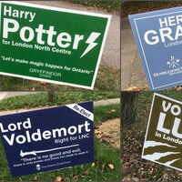 Des panneaux électoraux avec les noms de personnages de Harry Potter, Hermione Granger, Lord Voldemort, et Remus Lupin.