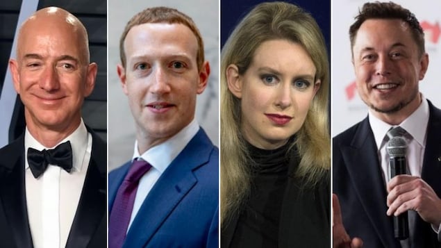 Montage de quatre photos de Jeff Bezos, Mark Zuckerberg, Elizabeth Holmes et Elon Musk.