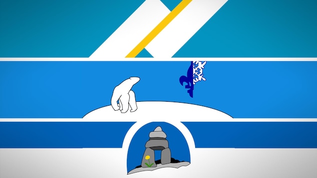 Les deux bandes du drapeau franco-yukonnais au-dessus, l'ours polaire du drapeau franco-ténois au centre, et l'inukshuk au bas de l'image.