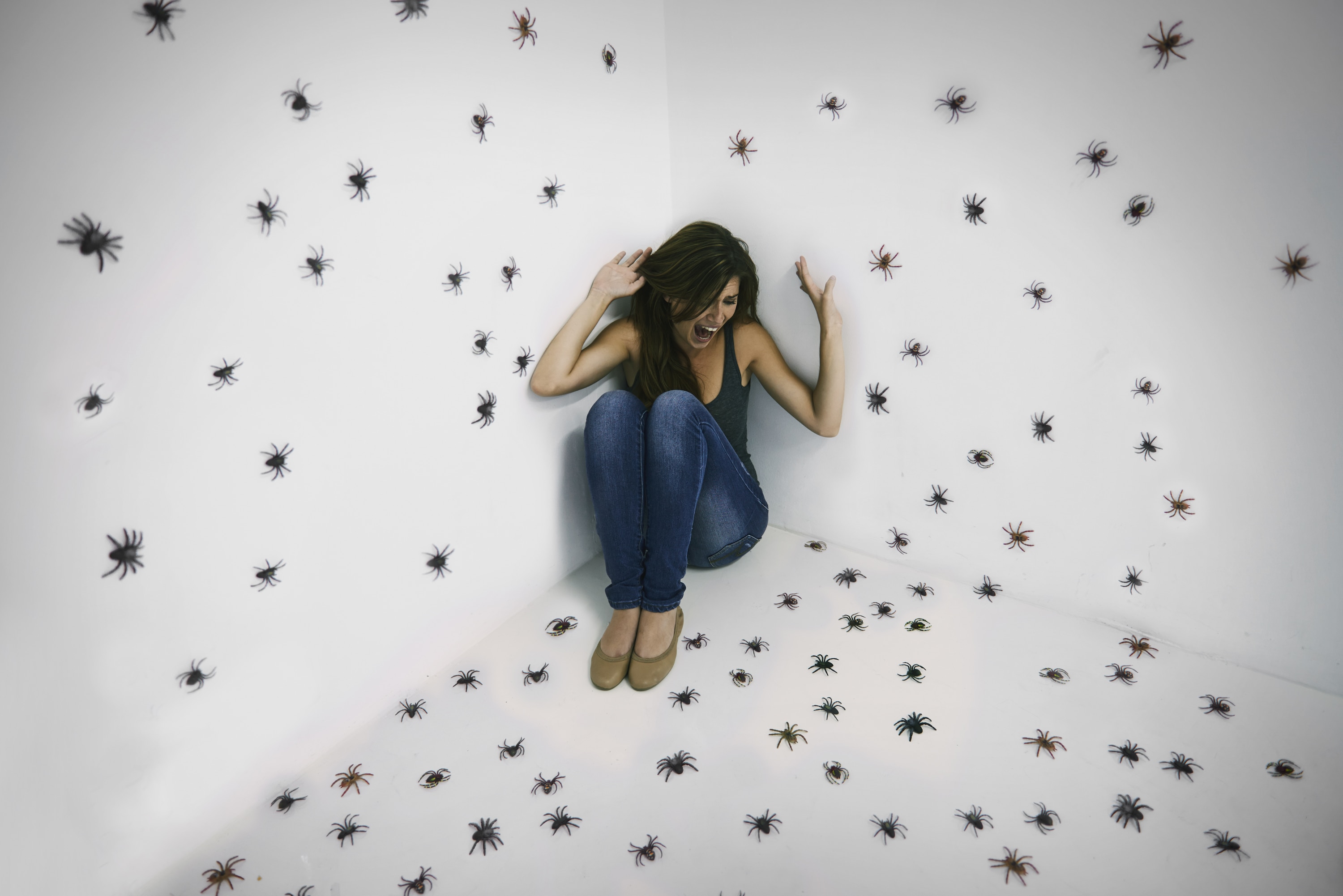 A woman cowers in a corner from a swarm of spiders 