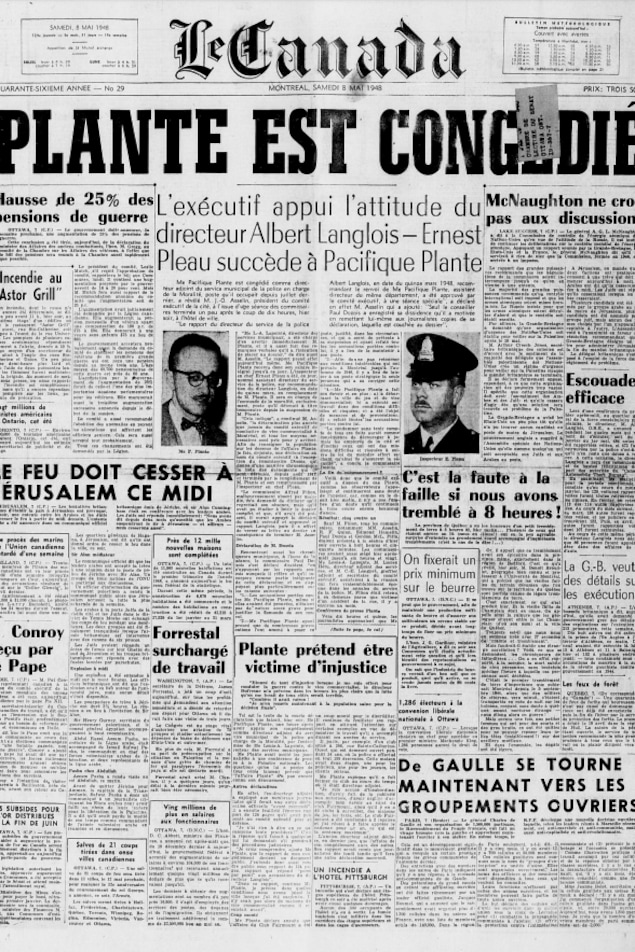Une du journal <i>Le Canada</i> du 8 mai 1948, annonçant le congédiement de Pacifique Plante.