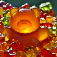 Un gros ourson orange au milieu de dizaines de petits oursons de toutes les couleurs.