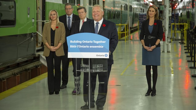 Le premier ministre de l'Ontario, Doug Ford, participe à une conférence de presse en compagnie des ministres Caroline Mulroney, Kinga Surma, du maire de Toronto, John Tory.