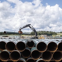 La conduite du pipeline Trans Mountain est déchargée à Edson, en Alberta, le mardi 18 juin 2019.