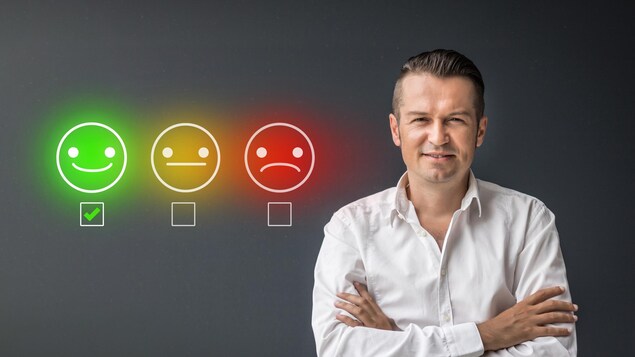 Un homme apparaît à côté de trois icônes : heureux,  neutre, et malheureux.