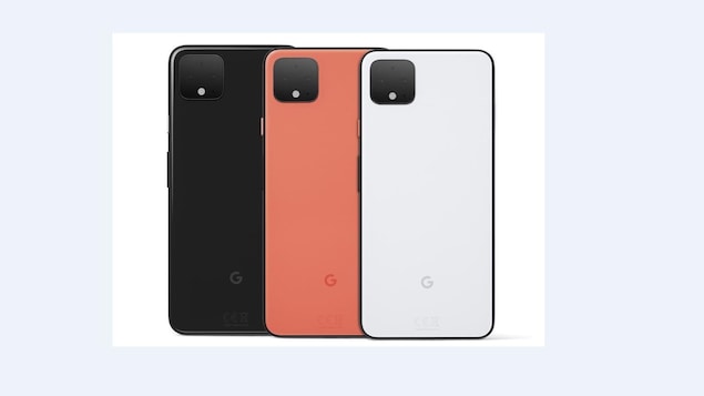 3 téléphones Google Pixel 4 : un noir, un orange et un blanc.