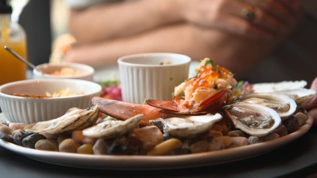 Gros plan sur une assiette gastronomique d'huîtres et de pinces de homard.