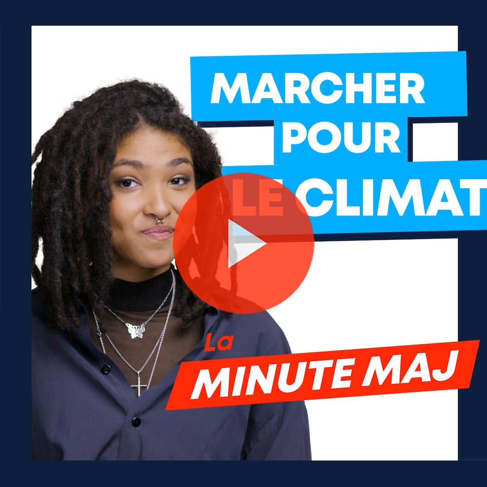Zeneb Blanchet, avec un petit sourire pincé. Texte : «La minute MAJ, Marcher pour le climat.»