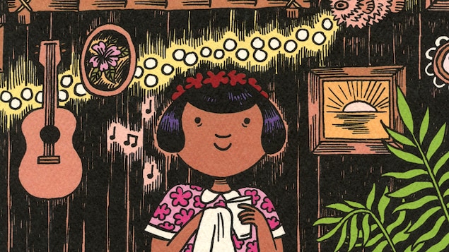 Détail de la couverture du livre <i>Les ananas de la colère</i> de Cathon : dessin d'une fille essuyant un verre dans un décor tiki. Elle est vêtue d'une robe à fleurs et porte une couronne de fleurs sur la tête.