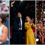 Une photo de Bianca Andreescu, une photo de Justin Trudeau, et une photo d'une célébration de la victoire des Raptors de Toronto. 