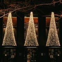 De nombreuses lumières blanches forment des sapins de Noël devant une vitrine de commerce.
