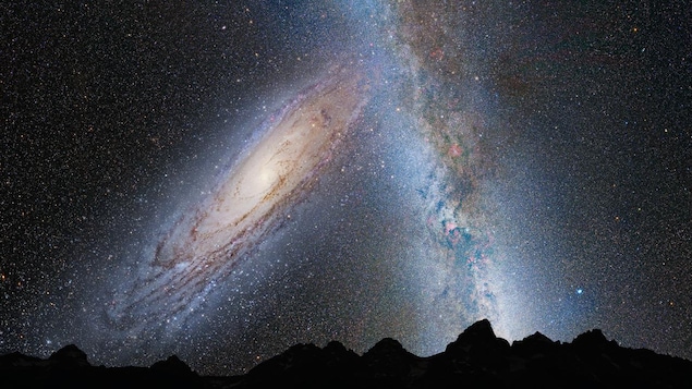 Illustration du spectacle de la rencontre d'Andromède (à gauche) et de la Voie lactée tel qu'il sera possible de l'apercevoir à partir de la Terre. 