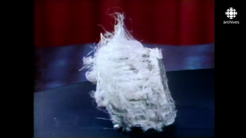Un morceau du minerai d'amiante vu de près, dont les filaments sont mille fois plus minces qu'un cheveu. 