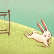 Illustration d'un lapin souriant qui saute par-dessus une barrière et s'enfuit. 