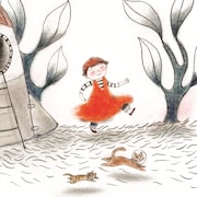 Une couverture de livre pour enfants montrant un petit garçon marchant dans une robe orange