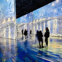 Des gens dans une grande pièce colorée observent d'immenses panneaux lumineux mettant en scène des tableaux du peintre Van Gogh.