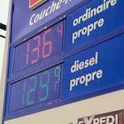 Panneau indicateur du prix de l'essence qui indique 1,36 $ pour l'essence ordinaire et 1,29 $ pour le diesel.