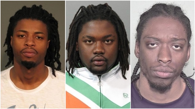 Un montage photo réunis les portraits fait par la police de trois jeunes hommes.