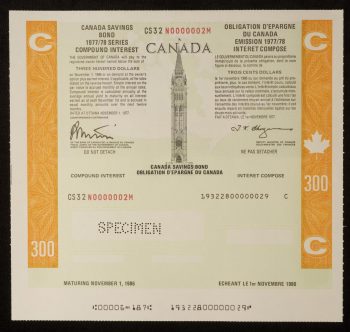 Sample image of CSB bond certificate issued in 1977.