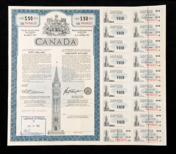 Sample image of bond certificate issued between 1946–1976 with interest coupons attached.