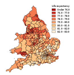 Map of districts in England and Wales shaded by life expectancy.