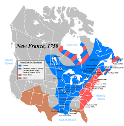 Blue: New France in 1750. Canada extended from south of the Great Lakes to the Gulf of St Lawrence.