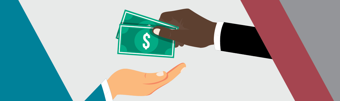 The image shows a hand holding out money to a person. The hand represents the Wage Earner Protection Program and the person represents a worker whose employer has declared bankruptcy or is subject to a receivership.