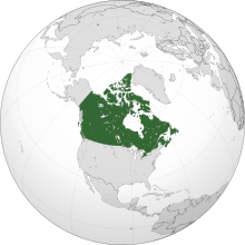 A projection of North America with Canada highlighted in green.