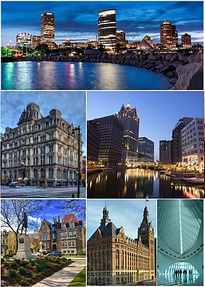 Clockwise from top: Milwaukee skyline from Discovery World, downtown at night along the Milwaukee Riverwalk, inside the Milwaukee Art Museum, Milwaukee City Hall, Burns Commons in the East Side neighborhood, and the historic Mitchell Building