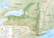 A topographic map of the state of New York, with urban and geographic features marked.