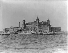A black and white photo of Ellis Island in 1905