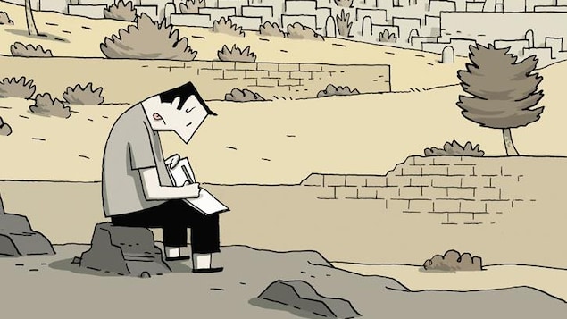 Illustration montrant un personnage assis sur une roche au pied d'un mur en train de dessiner dans un carnet