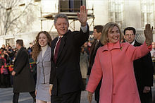 Chelsea, Bill, and Hillary Clinton take an inauguration day walk down Pennsylvania Avenue in Washington, D.C., on January 20, 1997, when Bill started a second term as president.