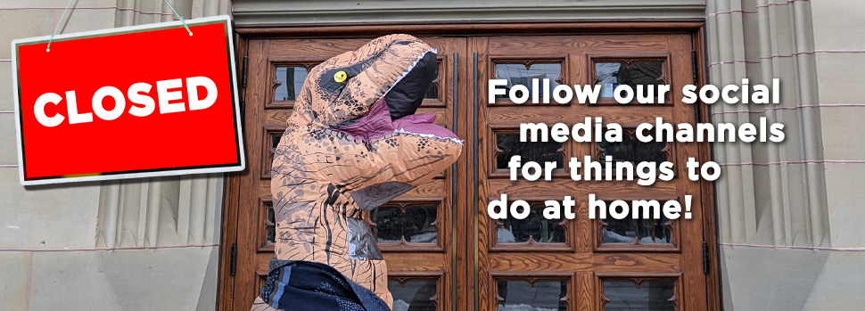 Text: Closed. Follow our social media channels for things to do at home! Image: A dinosaur character in front of the museum's closed entrance.